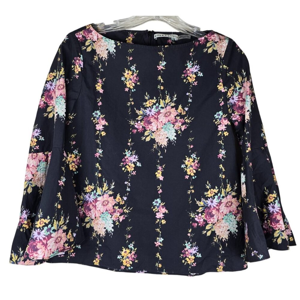 Alice + Olivia Floral Print Bell Sleeve Top XS Black‎ Multicolor Cotton